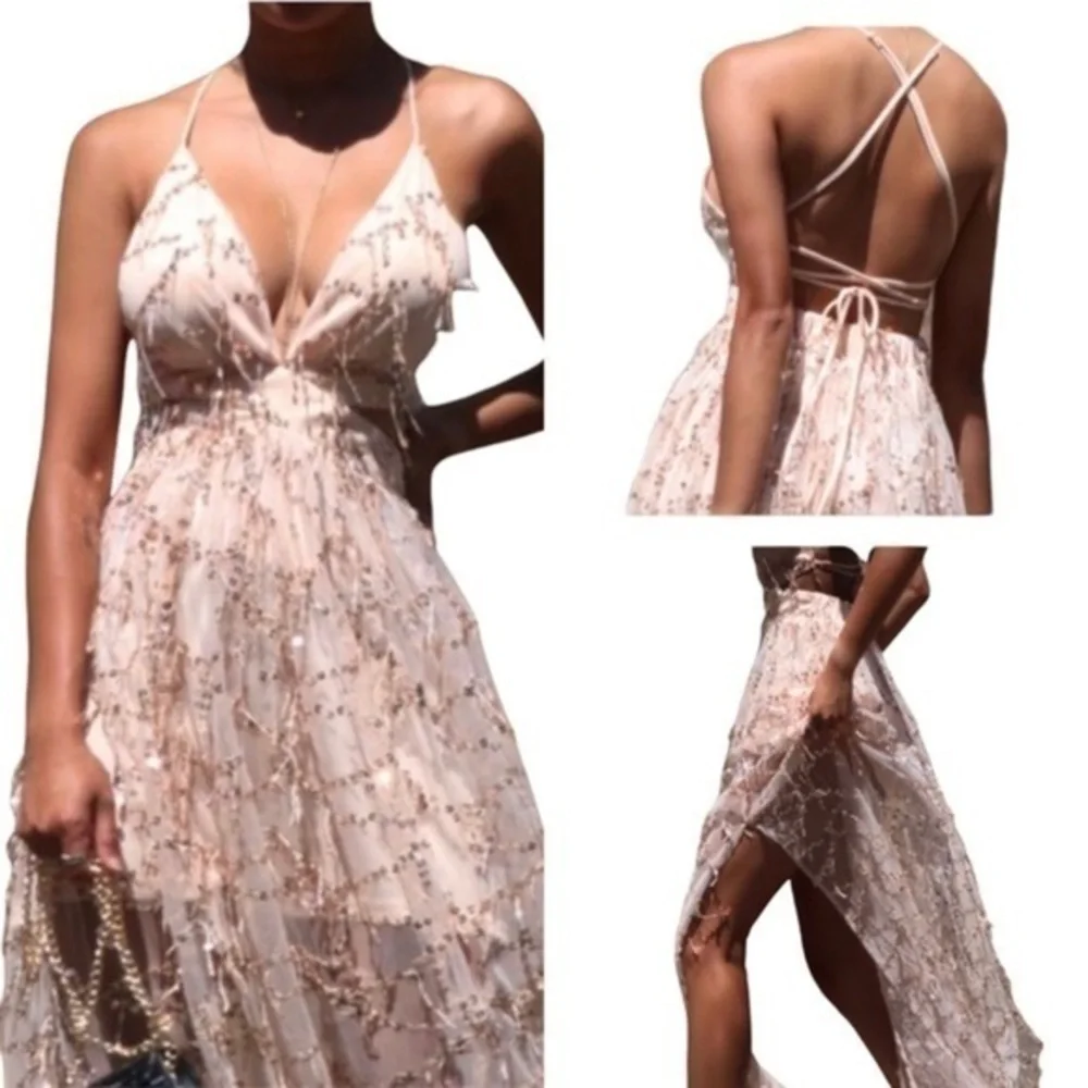 🎊Spaghetti Strap Champagne Sequin Maxi Dress🎊 - Picture 1 of 13